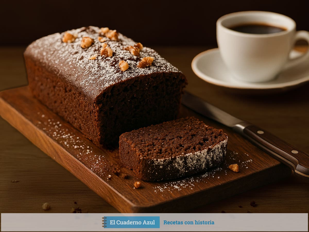 bizcocho rápido de chocolate con azúcar glas, nueces y taza de café