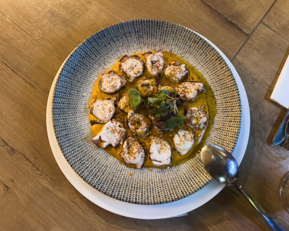 Onneca. Carpaccio de pulpo a la donostiarra con pimentón y chip de ajo