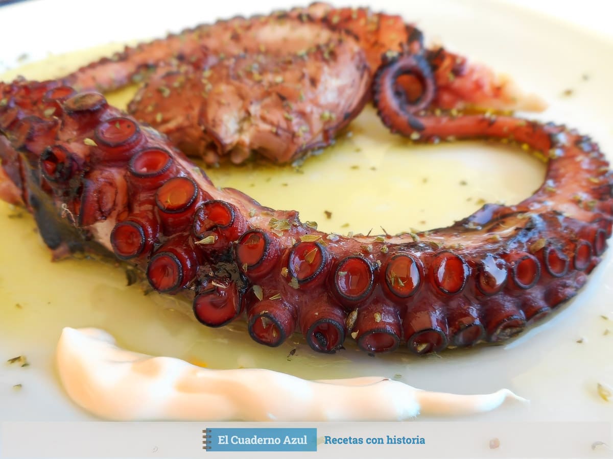 Detalle de tentáculos de pulpo a la brasa con alioli y aceite de oliva, espolvoreado con especias